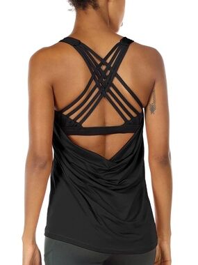 Icyzone Athletic Built-In Bra Strappy Drape Back Dri-Fit Tank Top Size M Black